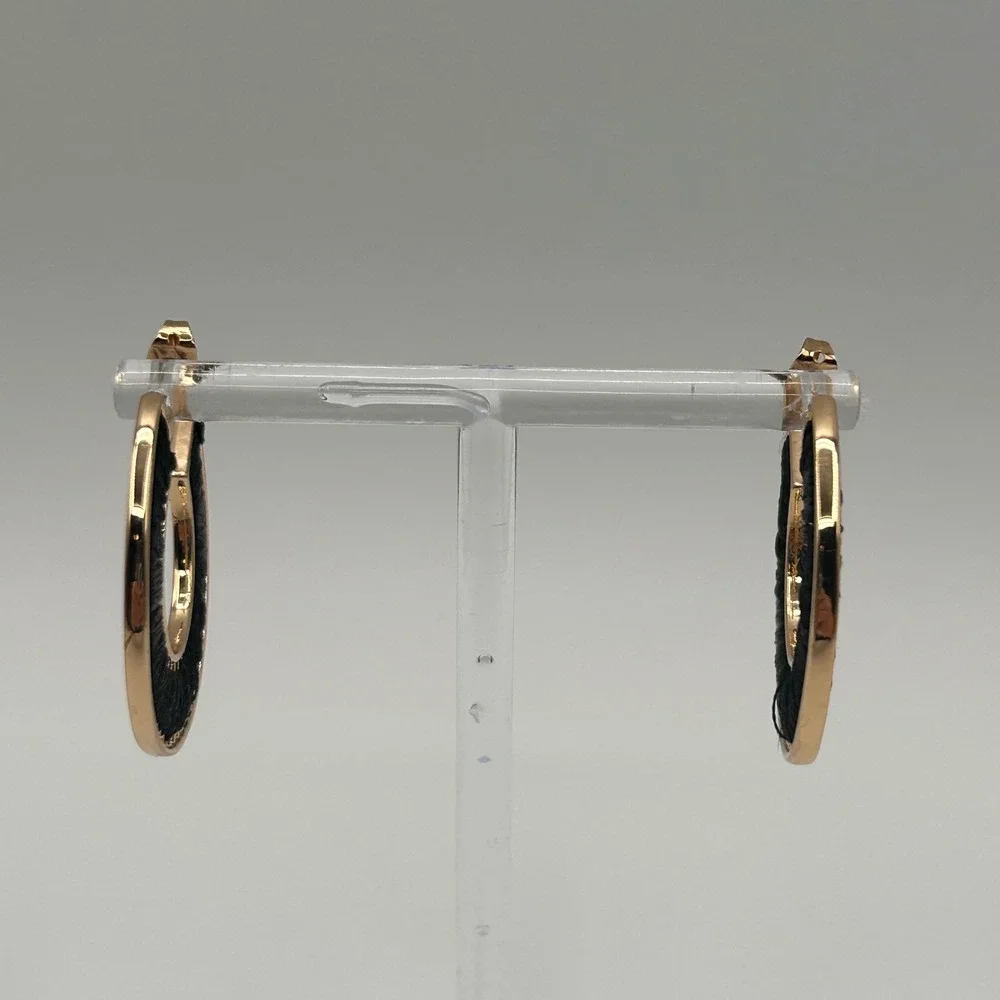 Gold Tone Black Thread Wrapped C Shape Hoop Earrings Post Back Bohemian Style